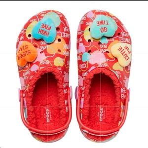 CROCS Women's Red Slippers with Multicolor Heart Accents